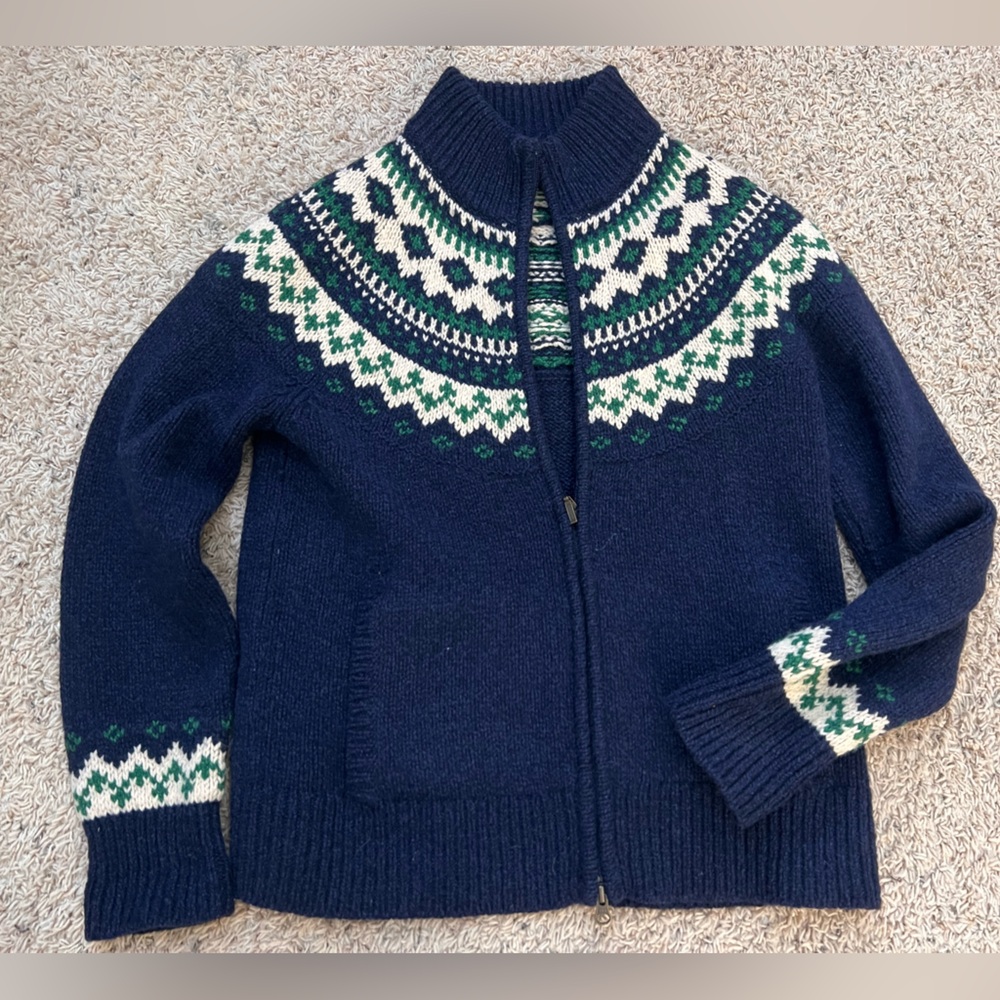 L.L. Bean Navy Blue Fair Isle Zip Cardigan with White and Green Accents
